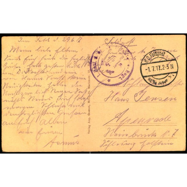 Feldpost - K.D. Feldpost   1 -7 -17 - Til  Apenrade - Billedside : Ornes 