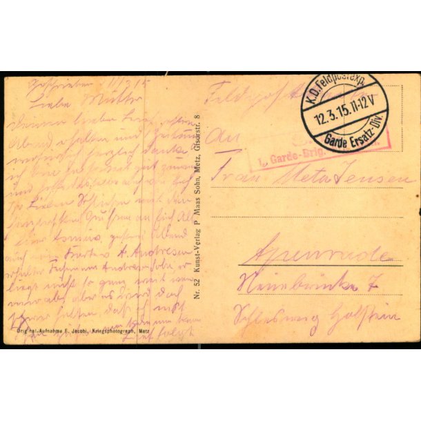 Feldpost - K.D. Feldpostxped.   12 -3 -15 - Til  Apenrade - Billedside : Estan 