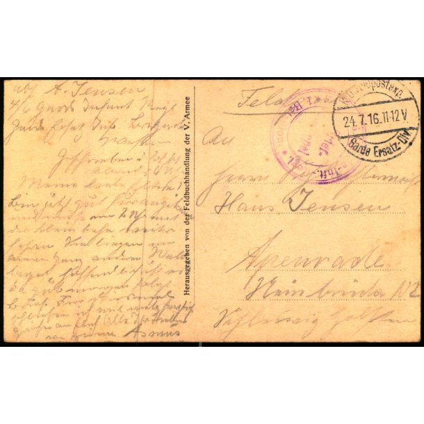 Feldpost - K.D. Feldpostxped.   27 -7 -16 - Til  Apenrade - Billedside : Montmdy