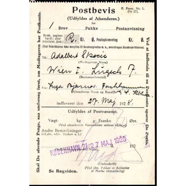 Postbevis - R - 27. Maj 1928