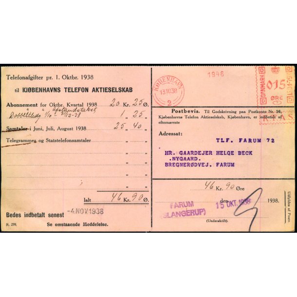 Postbevis - Kjbenhavns Telefon Aktieselskab - 1938