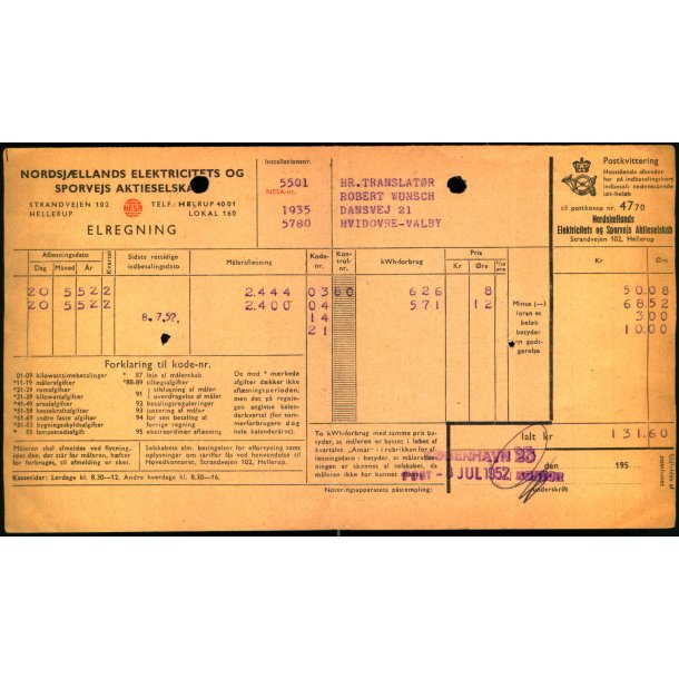 Postkvitering - Norssjllands Elektricitetsvrk og Sporvejs Aktieselskab - 1952