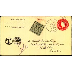 Efterporto - Brev fra U.S.A.  6 - April - 29   til Sverige  - Efterporto Lsen 30 re /30 Centimer