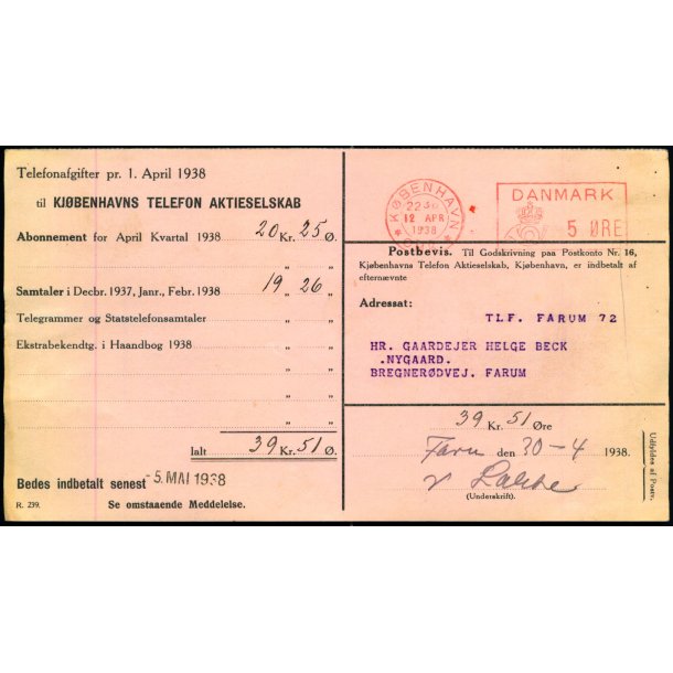 Postbevis - Kjbenhavns Telefon Aktieselskab - 1938