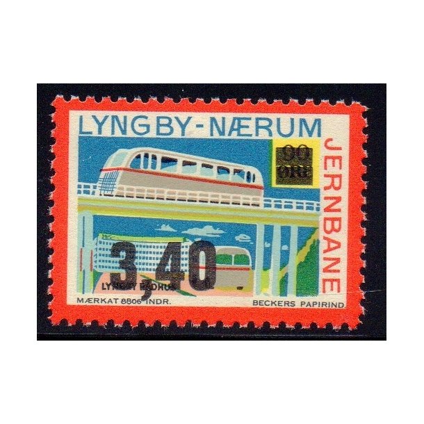 Lyngby - Nrum - Jernbane - Banemrke - 90 re overstemplet til 3,40 Kr - Ustemplet