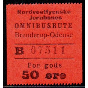 Nordvestfynske Jernbane - Omnibusrute - Brenderup-Odense - For Gods - 50 re - Ustemplet