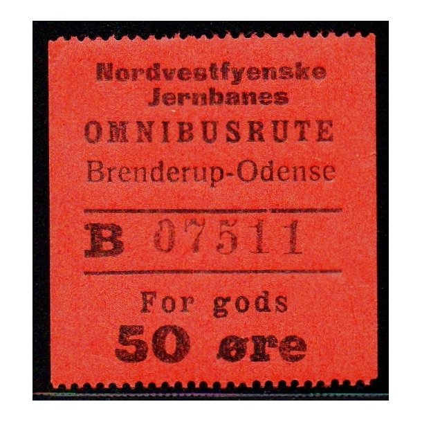 Nordvestfynske Jernbane - Omnibusrute - Brenderup-Odense - For Gods - 50 re - Ustemplet