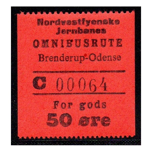 Nordvestfynske Jernbane - Omnibusrute - Brenderup-Odense - For Gods - 50 re - Ustemplet