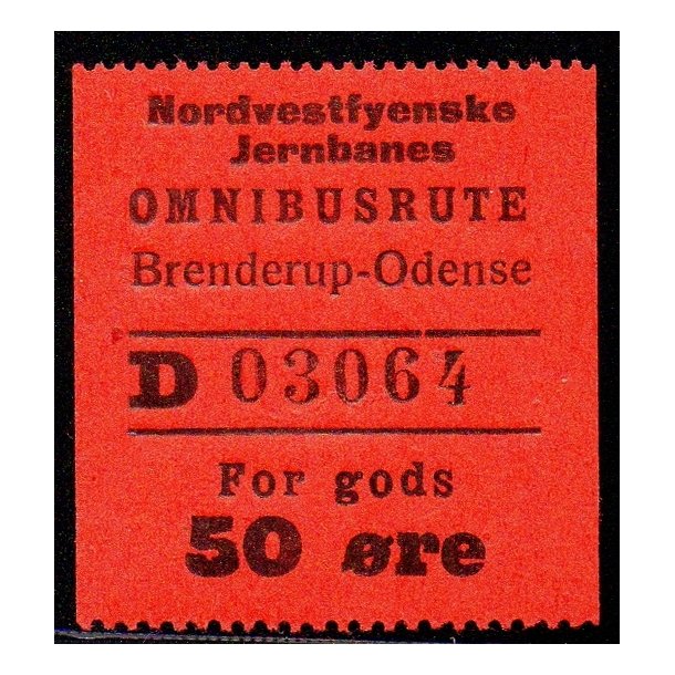 Nordvestfynske Jernbane - Omnibusrute - Brenderup-Odense - For Gods - 50 re - Ustemplet
