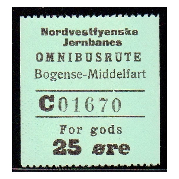Nordvestfynske Jernbane - Omnibusrute - Bogense - Middelfart - For Gods - 25 re - Ustemplet