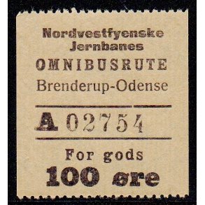 Nordvestfynske Jernbane - Omnibusrute - Brenderup-Odense - For Gods - 100 re - Ustemplet