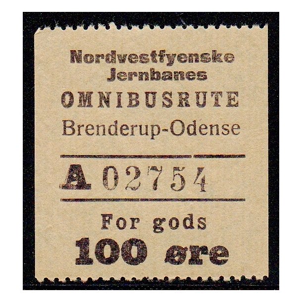 Nordvestfynske Jernbane - Omnibusrute - Brenderup-Odense - For Gods - 100 re - Ustemplet