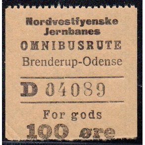 Nordvestfynske Jernbane - Omnibusrute - Brenderup-Odense - For Gods - 100 re - Ustemplet