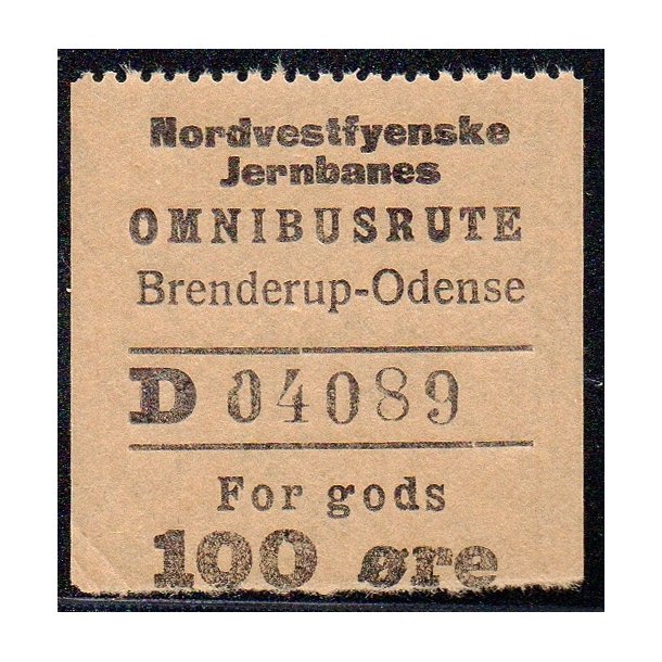 Nordvestfynske Jernbane - Omnibusrute - Brenderup-Odense - For Gods - 100 re - Ustemplet