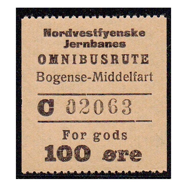 Nordvestfynske Jernbane - Omnibusrute - Bogense - Middelfart - For Gods - 100 re - Ustemplet