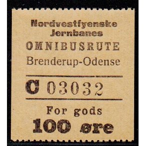 Nordvestfynske Jernbane - Omnibusrute - Brenderup-Odense - For Gods - 100 re - Ustemplet