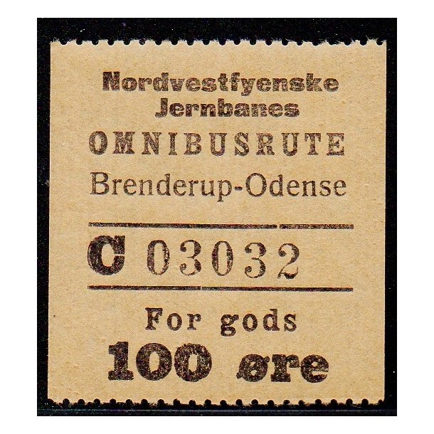 Nordvestfynske Jernbane - Omnibusrute - Brenderup-Odense - For Gods - 100 re - Ustemplet
