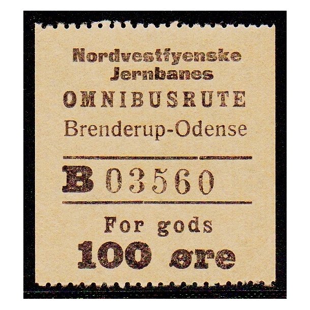 Nordvestfynske Jernbane - Omnibusrute - Brenderup-Odense - For Gods - 100 re - Ustemplet