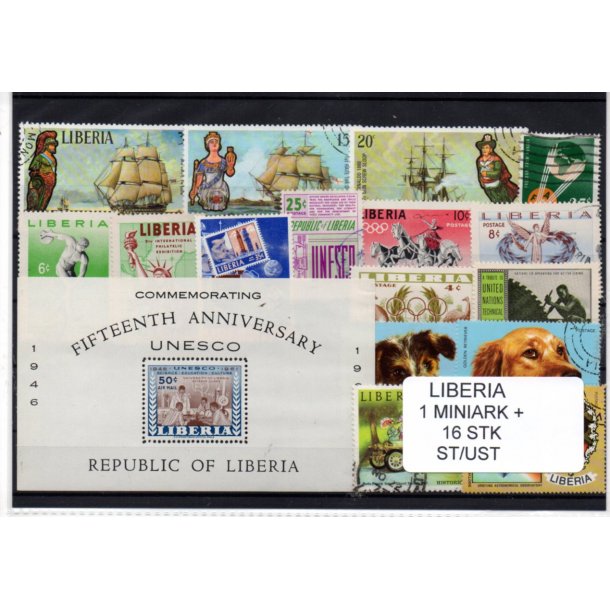 Liberia Samling - 1 Miniark + 16 Stk. Stempler/Ustemplet