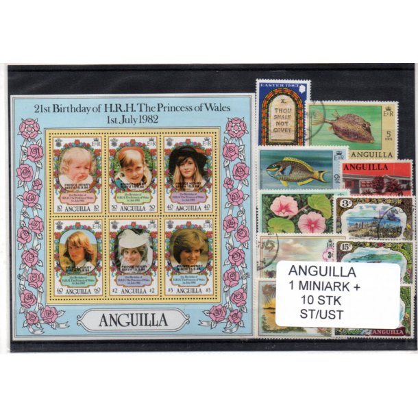 Anguilla Samling - 1 Miniark +10 stk. Stempler/Ustemplet