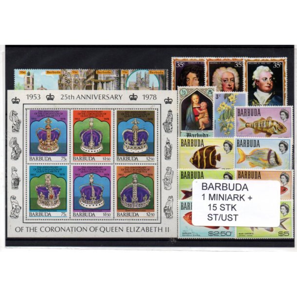 Barbuda Samling - 1 Miniark + 15 Stk. Stemplet/Ustemplet