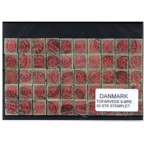 Danmark - 50 stk 8 re Tofarvede Stemplet
