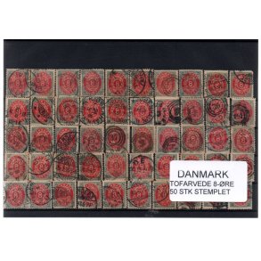 Danmark - 50 stk 8 re Tofarvede Stemplet