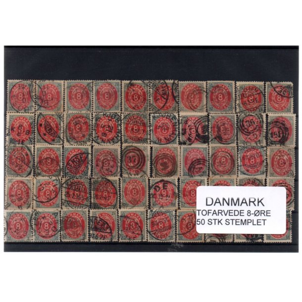 Danmark - 50 stk 8 re Tofarvede Stemplet