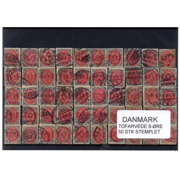 Danmark - 50 stk 8 re Tofarvede Stemplet