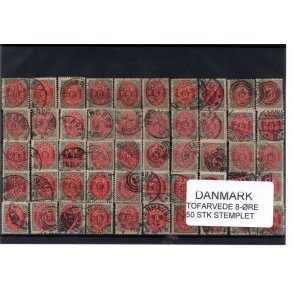 Danmark - 50 stk 8 re Tofarvede Stemplet