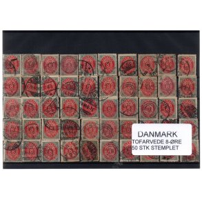 Danmark - 50 stk 8 re Tofarvede Stemplet