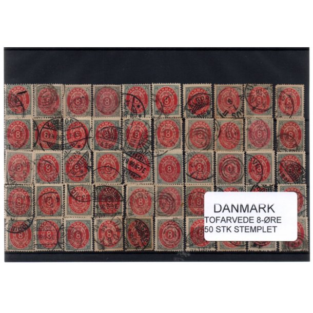 Danmark - 50 stk 8 re Tofarvede Stemplet