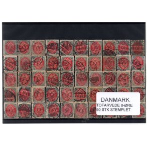 Danmark - 50 stk 8 re Tofarvede Stemplet