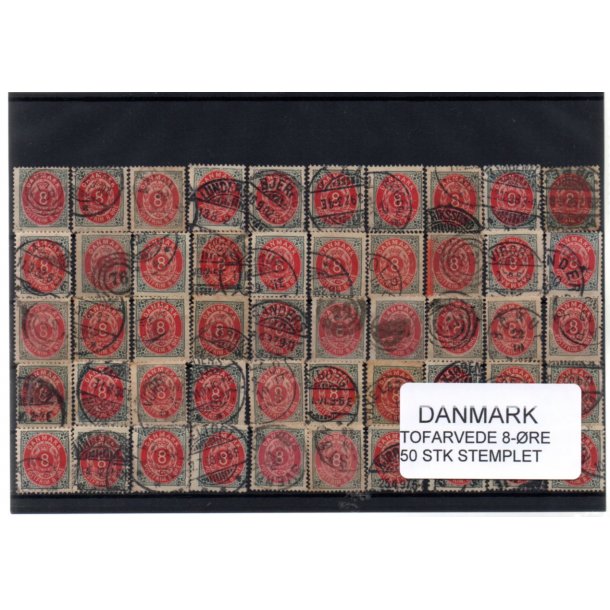 Danmark - 50 stk 8 re Tofarvede Stemplet