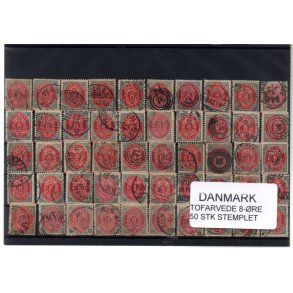 Danmark - 50 stk 8 re Tofarvede Stemplet