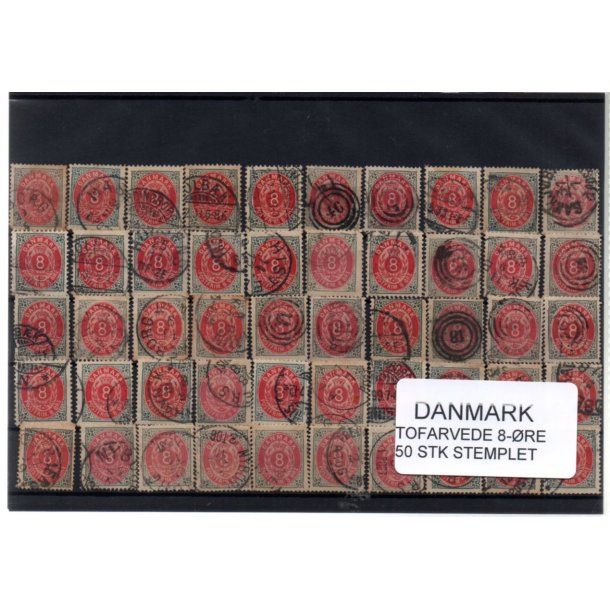 Danmark - 50 stk 8 re Tofarvede Stemplet