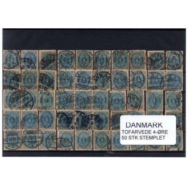 Danmark - 50 stk 4 re Tofarvede Stemplet