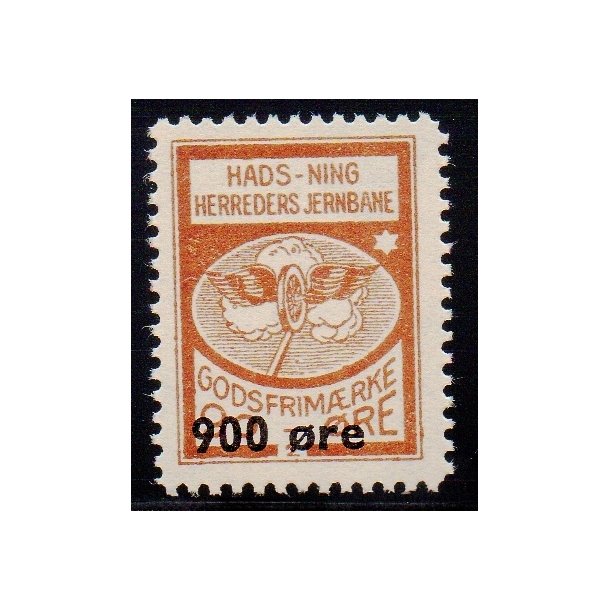 Hads - Ning Herreds Jernbane - Godsfrimrke - 90 re overstemplet til 900 re - Stemplet
