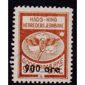 Hads - Ning Herreds Jernbane - Godsfrimrke - 90 re overstemplet til 900 re - Ustemplet
