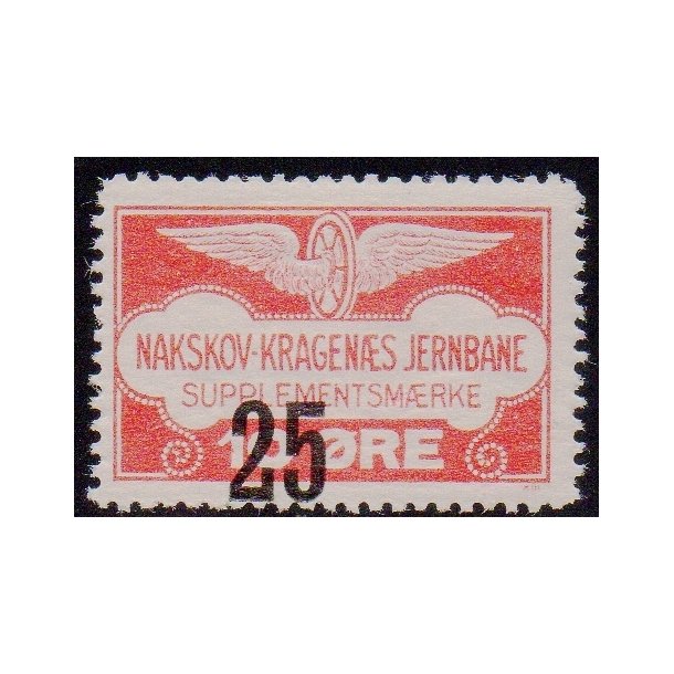 De Lollandske Jernbaner  - Supplementsmrke - 10 re overstemplet til 25 re - Ustemplet