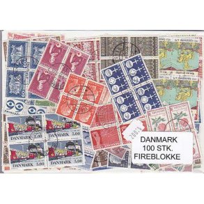 Danmark Samling Firblokke 100 forskellige Stemplet
