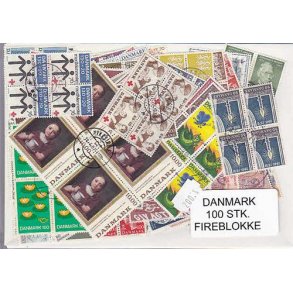 Danmark Samling Firblokke 100 forskellige Stemplet