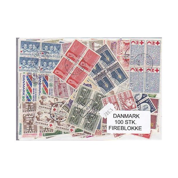 Danmark Samling Firblokke 100 forskellige Stemplet