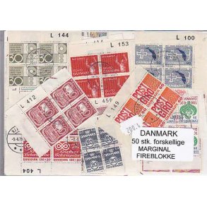 Danmark Marginalfirblokke 50 stk. forskellige.