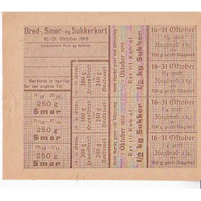 Rationeringsm&aelig;rkeark 1. V.Krig- Br&oslash;d/Sm&oslash;r/Sukker.