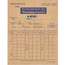 Rationeringsm&aelig;rkeark 2. V.Krig- Forbrugerkort