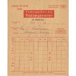 Rationeringsm&aelig;rkeark 2. V.Krig- Forbrugerkort