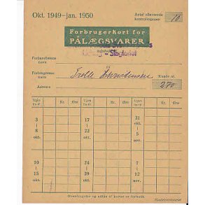 Rationeringsm&aelig;rkeark 2. V.Krig- Forbrugerkort