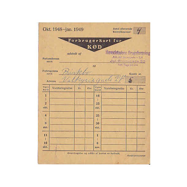 Rationeringsm&aelig;rkeark 2. V.Krig- Forbrugerkort