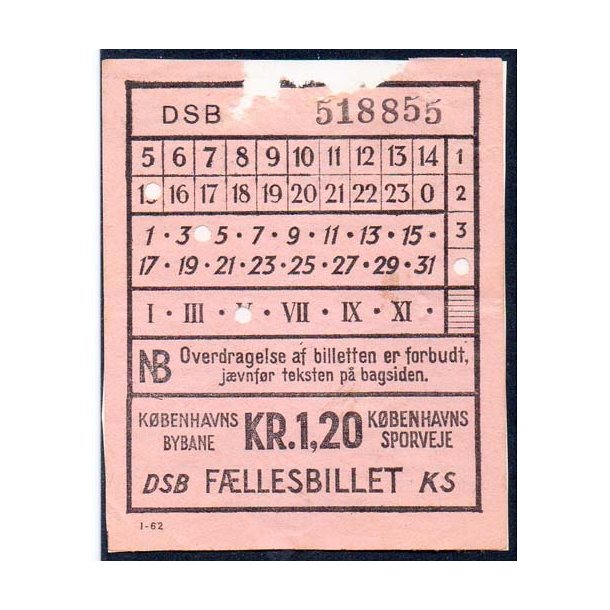 DSB - KS - F&aelig;llesbillet - Kr 1,20